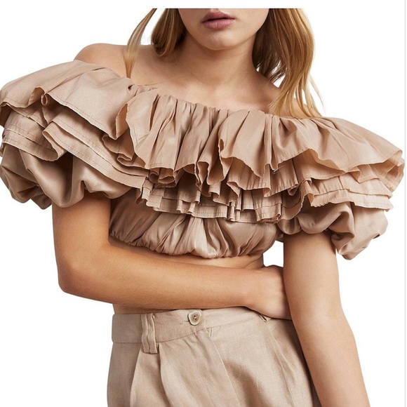 Aje Tops - AJE Allure Bubble Top — Size 10 — Silk Blend Off-Shoulder Ruffle Crop Top